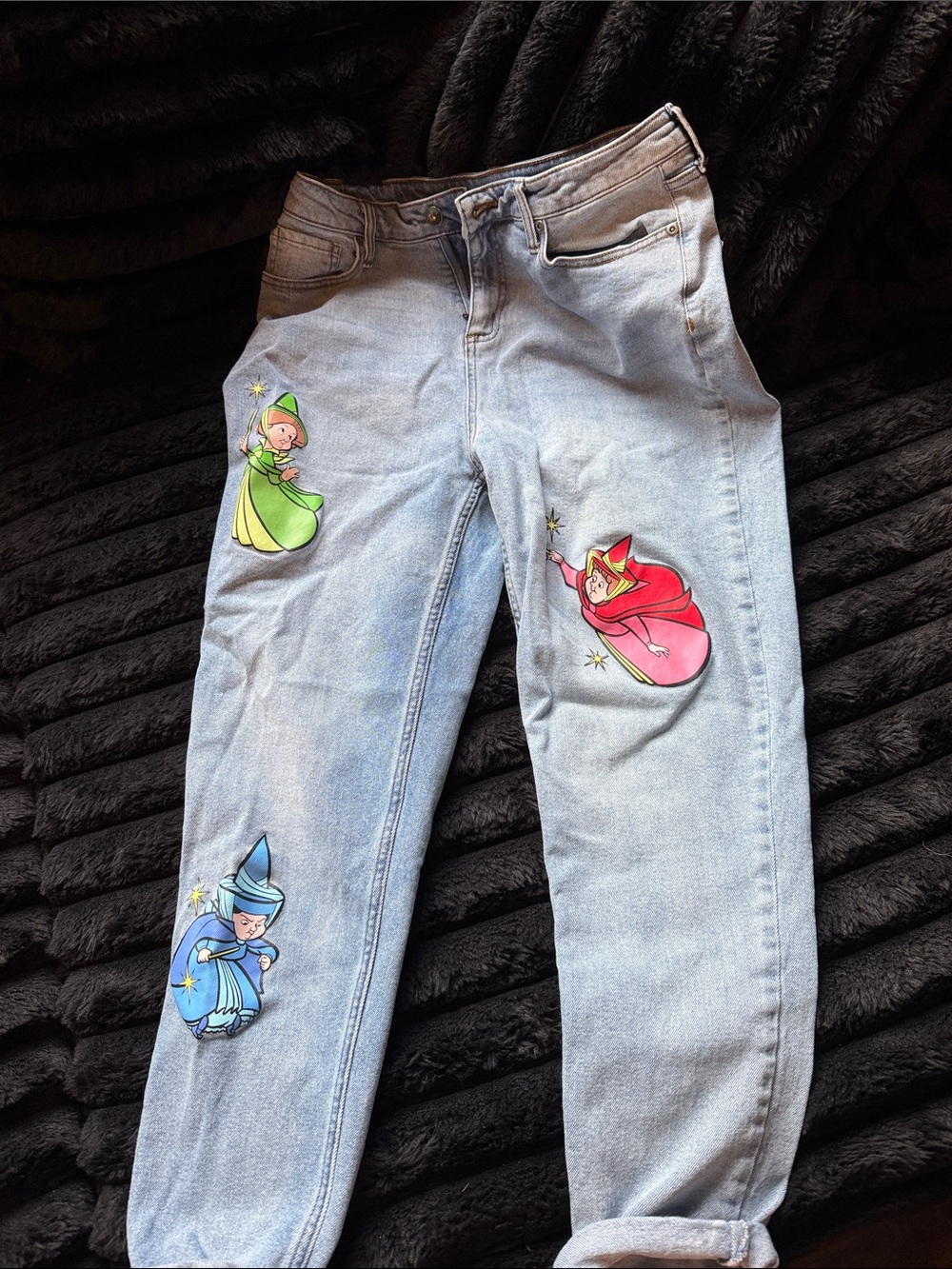 Disney Light Wash Boyfriend Jeans with Colorful Fairy Patches
